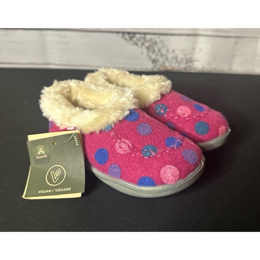 Kamik Kids Cozy Cabin Pink Polka Dot Vegan Faux Fur Slippers Size 7 NWT